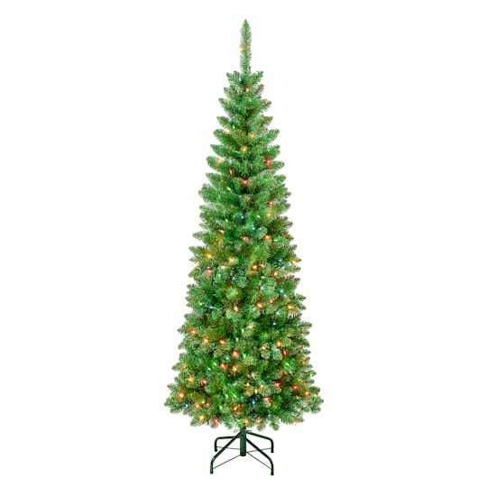 6Ft Pre-Lit Rowan Pencil Slim Artificial Christmas Tree, Multicolor Lights By National Tree Company in Green | 6 ft | Michaels®